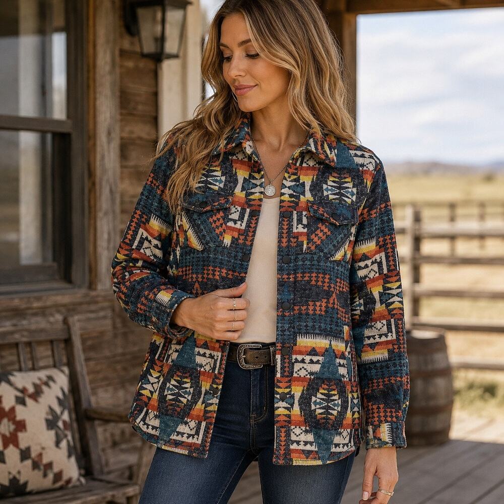 Rock & Roll Denim Womens S Southwestern Aztec Shacket Jacket Shirt Snap Front